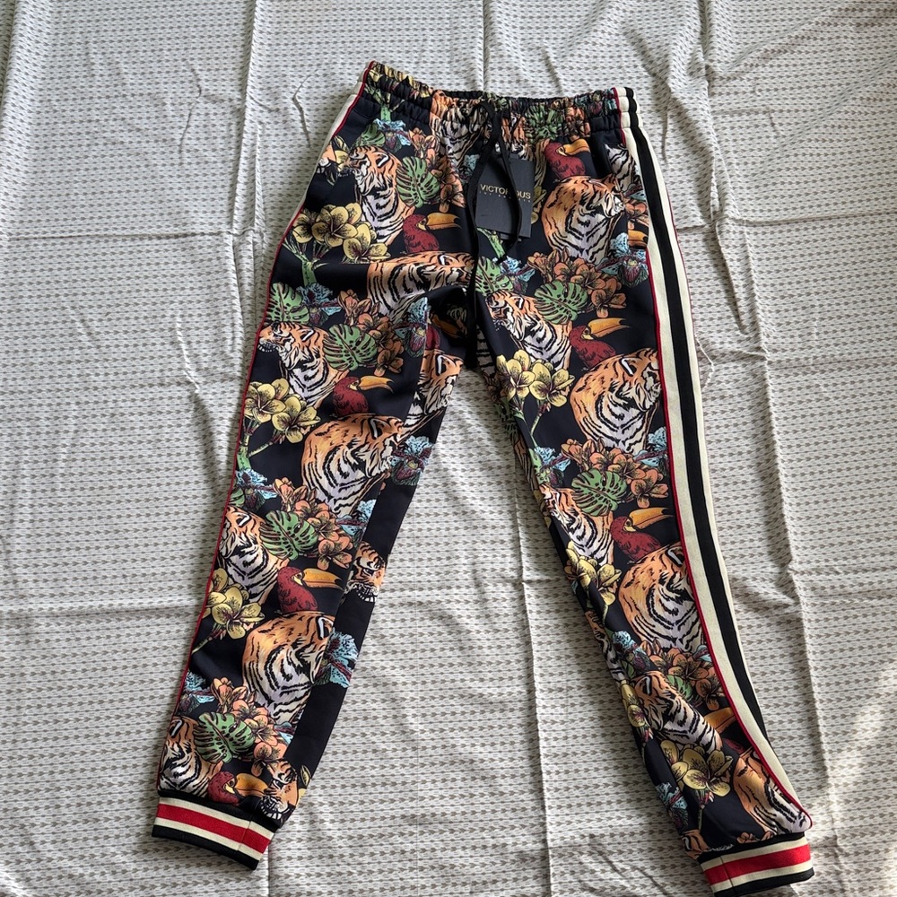 Tiger Floral Track Pants with Side Stripes